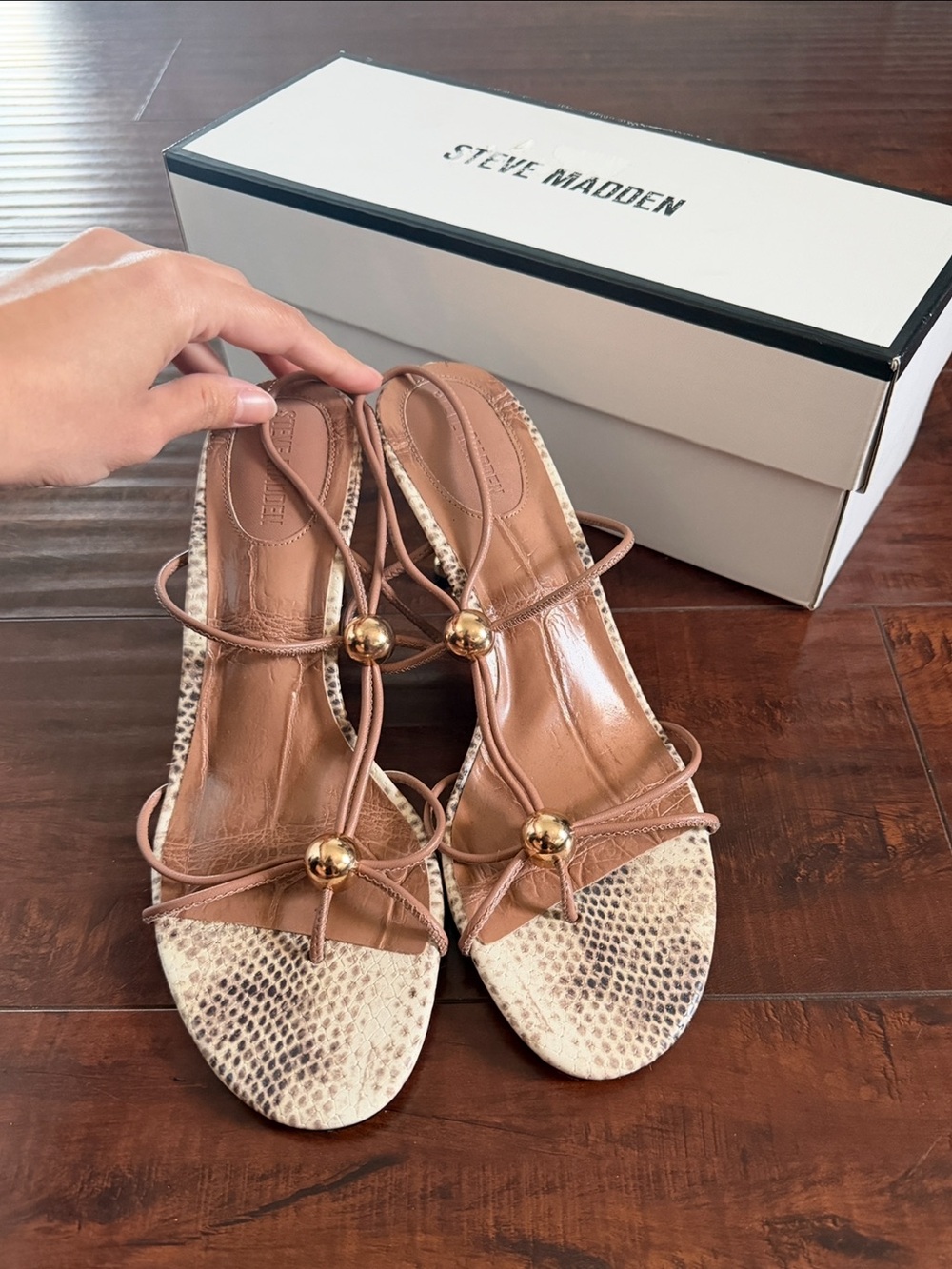 Steve Madden Ramos Tan Brown Snake-Print Strappy Heels with Gold Accents - Picture 1 of 6